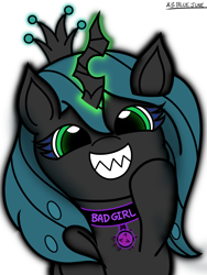 Size: 2304x3072 | Tagged: safe, artist:msbluejune, queen chrysalis, changeling, changeling queen, canterlot wedding 10th anniversary, g4, evil smile, female, grin, high res, sharp teeth, signature, simple background, smiling, solo, teeth, transparent background