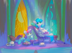 Size: 2991x2220 | Tagged: safe, artist:tingsan, oc, oc only, pegasus, pony, unicorn, book, castle of the royal pony sisters, couch, cup, food, high res, pillow, sandwich, stained glass, teacup, teapot