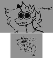 Size: 959x1052 | Tagged: safe, artist:rockin_candies, oc, oc only, oc:red, changeling, 2 panel comic, comic, confused, dialogue, dilated pupils, fangs, grayscale, hooves debate, limbless, looking at you, male, monochrome, open mouth, solo