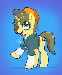 Size: 1064x1296 | Tagged: safe, artist:lilpinkghost, oc, oc only, oc:repairer peanut, pony, unicorn, blue background, clothes, commission, hat, horn, male, open mouth, open smile, shadow, signature, simple background, smiling, solo, stallion, sweater, unicorn oc