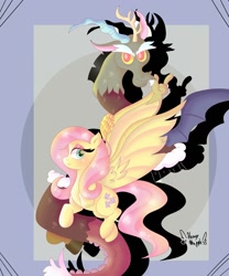 Size: 1080x1296 | Tagged: safe, artist:mapple_cake1, discord, fluttershy, draconequus, pegasus, pony, g4, abstract background, duo, duo male and female, female, flying, hybrid wings, looking at you, male, mare, pretty, shadow, ship:discoshy, shipping, signature, spread wings, straight, wings