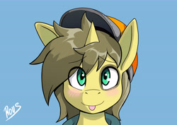 Size: 8598x6072 | Tagged: safe, artist:rousfox, oc, oc only, oc:repairer peanut, pony, :p, absurd resolution, blue background, blushing, bust, commission, cute, eye clipping through hair, eyebrows, eyebrows visible through hair, hat, horn, looking at you, male, ocbetes, signature, simple background, smiling, smiling at you, solo, stallion, tongue out