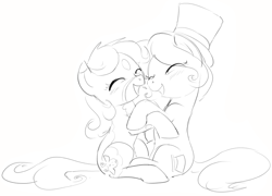 Size: 1068x770 | Tagged: safe, artist:dotkwa, oc, oc:deary dots, oc:hattsy, earth pony, pony, black and white, duo, eyes closed, female, grayscale, hat, hug, mare, monochrome, open mouth, open smile, simple background, sitting, sketch, smiling, top hat, white background