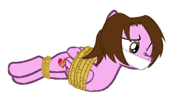 Size: 463x266 | Tagged: safe, artist:soupcanz, oc, oc only, oc:love beat, pegasus, pony, bondage, bound and gagged, cloth gag, female, gag, one eye closed, rope, rope bondage, simple background, solo, transparent background