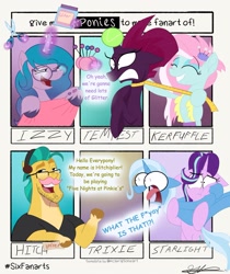 Size: 1715x2045 | Tagged: safe, artist:brogararts, hitch trailblazer, izzy moonbow, kerfuffle, starlight glimmer, tempest shadow, trixie, earth pony, pegasus, pony, unicorn, g4, g5, my little pony: rainbow roadtrip, my little pony: the movie, ball, beard, big eyes, censored, censored vulgarity, eyes closed, facial hair, five nights at freddy's, glasses, glitter, glowing, glowing horn, headphones, holding a pony, horn, horn impalement, hornball, magic, markiplier, moustache, open mouth, scared, six fanarts, telekinesis, tennis ball, this will end in makeovers