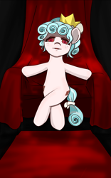 Size: 2497x4000 | Tagged: safe, artist:fanxingsama, cozy glow, pegasus, pony, g4, anatomically incorrect, couch, crossed legs, crown, female, filly, foal, high res, incorrect leg anatomy, jewelry, regalia, sitting, solo