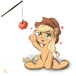 Size: 2000x2000 | Tagged: safe, artist:fanxingsama, applejack, earth pony, pony, g4, apple, cute, female, flexible, floating heart, food, heart, high res, jackabetes, mare, pixiv, solo, splits, that pony sure does love apples