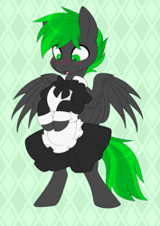 Size: 2019x2854 | Tagged: safe, artist:scarlet-spectrum, part of a set, oc, oc only, oc:bytewave, pegasus, pony, abstract background, bipedal, blushing, clothes, commission, crossdressing, dress, high res, maid, male, pegasus oc, solo, spread wings, stallion, surprised, wings, ych result