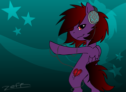 Size: 939x686 | Tagged: safe, artist:zeffdakilla, oc, oc only, oc:frankie fang, pegasus, pony, abstract background, bipedal, emo, flash, headphones, smiling, solo, standing