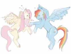 Size: 3088x2396 | Tagged: safe, artist:patmeowz, fluttershy, rainbow dash, pegasus, pony, g4, duo, duo female, female, flying, heart, high res, lesbian, looking at each other, looking at someone, mare, profile, reaching, ship:flutterdash, shipping, simple background, spread wings, white background, wings