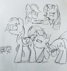 Size: 2931x3093 | Tagged: safe, artist:twiliset, fluttershy, pinkie pie, rainbow dash, rarity, pegasus, pony, unicorn, blushing, butt sniffing, cute, pencil drawing, simple background, smelling, smiling, surprised, talking, traditional art
