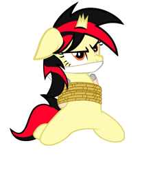 Size: 1005x1127 | Tagged: safe, artist:soupcanz, oc, oc only, oc:technical matrix, pony, angry, bondage, bound and gagged, broken horn, cloth gag, featureless crotch, gag, glare, horn, kneeling, rope, rope bondage, simple background, solo, tied up, transparent background