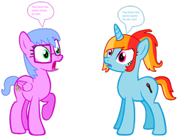 Size: 1222x953 | Tagged: safe, artist:bronybase, artist:pagiepoppie12345, artist:pizzazzy, oc, oc only, oc:artie brush, pegasus, pony, unicorn, base used, dialogue, female, glasses, looking at each other, looking at someone, mare, multicolored hair, paint, paintbrush, ponytail, rainbow hair, raised hoof, shocked, simple background, speech bubble, text, transparent background, wings