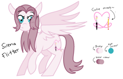 Size: 874x566 | Tagged: safe, artist:sirena-flitter, oc, oc only, oc:sirena flitter, pegasus, pony, female, heart, looking at you, mare, paintbrush, pencil, reference sheet, simple background, solo, text, white background, wings
