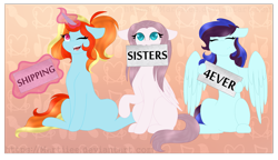 Size: 2023x1162 | Tagged: safe, artist:martiiee, oc, oc only, oc:artie brush, oc:perry notes, oc:sirena flitter, pegasus, pony, unicorn, commission, eyes closed, female, floppy ears, holding, horn, magic, mare, mouth hold, multicolored hair, one eye closed, open mouth, ponytail, rainbow hair, sign, sitting, smiling, text, wings, wink