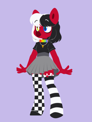 Size: 1545x2048 | Tagged: safe, artist:glowfangs, oc, oc only, oc:domino checkerchip, earth pony, anthro, unguligrade anthro, anthro oc, choker, clothes, earth pony oc, eyebrows, eyebrows visible through hair, female, heterochromia, mare, multicolored hair, purple background, simple background, skirt, socks, solo, striped socks
