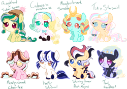 Size: 1024x716 | Tagged: safe, artist:dusty-nutz, oc, oc only, alicorn, earth pony, pegasus, pony, unicorn, baby, baby pony, base used, bowtie, colt, female, filly, foal, glasses, hat, headdress, heterochromia, magical gay spawn, magical lesbian spawn, male, offspring, parent:cheerilee, parent:flash magnus, parent:hoo'far, parent:meadowbrook, parent:mistmane, parent:princess cadance, parent:princess celestia, parent:rockhoof, parent:shining armor, parent:somnambula, parent:star swirl the bearded, parent:timber spruce, parent:twilight sparkle, simple background, transparent background