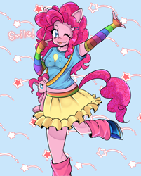 Size: 1862x2317 | Tagged: safe, artist:lucystormdrop, derpibooru exclusive, pinkie pie, earth pony, anthro, g4, ;p, blue background, clothes, colorful, cute, evening gloves, fashion, female, fingerless elbow gloves, fingerless gloves, gloves, hoof shoes, leg warmers, long gloves, one eye closed, pink, pink mane, pink skin, rainbow, raised hoof, shirt, simple background, skirt, solo, sparkles, stars, t-shirt, tongue out