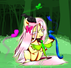 Size: 1461x1389 | Tagged: safe, artist:questionmarkdragon, fluttershy, bird, butterfly, pegasus, pony, g4, blushing, eyes closed, female, fetlock tuft, forest, grass, mare, music notes, open mouth, open smile, outdoors, sitting, sitting on head, smiling, solo, stray strand, unshorn fetlocks