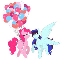 Size: 1851x1790 | Tagged: safe, artist:martiiee, pinkie pie, oc, oc:perry notes, earth pony, pegasus, pony, g4, balloon, commission, eyes closed, female, floating, flying, mare, raised hoof, raised leg, shocked, shrunken pupils, simple background, smiling, spread wings, then watch her balloons lift her up to the sky, transparent background, wings