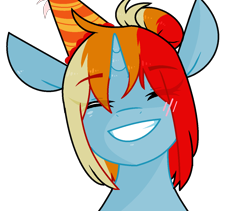 Size: 1268x1072 | Tagged: safe, artist:sirena-flitter, oc, oc only, oc:artie brush, pony, unicorn, birthday, blushing, eyes closed, female, hat, horn, mare, multicolored hair, party hat, rainbow hair, simple background, smiling, transparent background