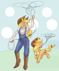 Size: 1623x1950 | Tagged: safe, artist:applephil, applejack, earth pony, human, pony, g4, boots, clothes, cowboy boots, cute, duo, eyes closed, female, human ponidox, humanized, jackabetes, lasso, mare, mouth hold, overalls, rope, self paradox, self ponidox, shoes, smiling