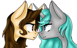 Size: 1285x800 | Tagged: safe, artist:vivieart, oc, oc only, oc:martee, oc:viv, pony, unicorn, female, heart, horn, looking at each other, looking at someone, mare, simple background, transparent background