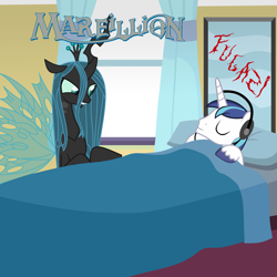 Size: 2000x2000 | Tagged: safe, artist:grapefruit-face, queen chrysalis, shining armor, canterlot wedding 10th anniversary, g4, album cover, bed, duo, high res, marillion, parody, ponified, ponified album cover, sleeping, spread wings, wings