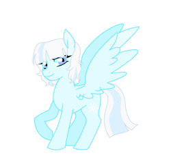 Size: 1352x1264 | Tagged: safe, artist:sirena-flitter, oc, oc only, oc:snowflake, pegasus, pony, female, mare, offspring, parent:rainbow dash, parent:soarin', parents:soarindash, raised hoof, simple background, smiling, spread wings, white background, wings