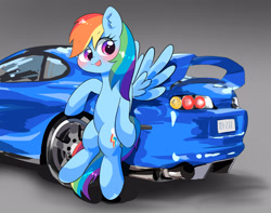 Size: 3312x2613 | Tagged: safe, artist:leo19969525, rainbow dash, pegasus, pony, g4, blushing, car, cute, dashabetes, female, flying, hair, high res, multicolored hair, open mouth, rainbow hair, rainbow tail, simple background, solo, spread wings, tail, toyota, toyota supra, wings