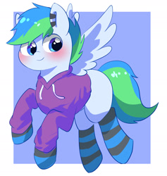 Size: 2507x2646 | Tagged: safe, artist:leo19969525, oc, oc only, pegasus, pony, blue eyes, blushing, clothes, cute, flying, hair, high res, male, ocbetes, pegasus oc, simple background, smiling, socks, solo, spread wings, striped socks, tail, wings