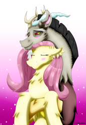 Size: 2221x3251 | Tagged: safe, artist:thebenalpha, discord, fluttershy, draconequus, pegasus, pony, g4, blushing, chest fluff, duo, duo male and female, ear fluff, eyes closed, female, floppy ears, fluffy, folded wings, gradient background, high res, holding a pony, hug, male, mare, purple background, ship:discoshy, shipping, simple background, smiling, straight, wings