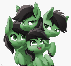 Size: 2050x1900 | Tagged: safe, artist:luminousdazzle, edit, editor:maonyman, oc, oc only, oc:filly anon, earth pony, pony, chest fluff, clone, commission, cute, ear fluff, ear tufts, female, filly, floppy ears, grumpy, long ears, looking at each other, looking at someone, mare, multeity, open mouth, self paradox, self ponidox, simple background, smiling, smug, unshorn fetlocks, white background