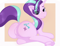 Size: 2048x1571 | Tagged: safe, artist:twa1kaart, starlight glimmer, pony, unicorn, g4, bedroom eyes, butt, commission, commissioner:branagain, dock, eye clipping through hair, eyebrows, eyebrows visible through hair, featureless crotch, female, frog (hoof), glimmer glutes, grin, looking at you, looking back, looking back at you, lying down, mare, plot, prone, rear view, smiling, smiling at you, solo, tail, underhoof