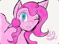 Size: 1024x768 | Tagged: safe, artist:rainbow-neko-chan, pinkie pie, earth pony, pony, g4, female, looking at you, mare, one eye closed, simple background, smiling, white background, wink