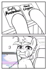 Size: 1200x1816 | Tagged: safe, artist:maren, oc, oc:blue chewings, earth pony, pony, 2 panel comic, chew toy, comic, grayscale, hooves debate, meme, monochrome, mouth hold, ponified meme, sketch, solo, two button meme