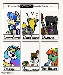 Size: 569x679 | Tagged: safe, artist:spagootis, derpy hooves, octavia melody, princess celestia, raven, sapphire shores, tree hugger, g4, bong, bubble butt, butt, cello, drugs, female, mare, meme, musical instrument, plot, six fanarts