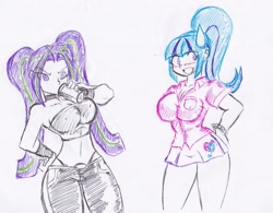 Size: 2592x2019 | Tagged: safe, artist:elgatosabio, aria blaze, sonata dusk, human, equestria girls, g4, bandeau, belly button, big breasts, blushing, breasts, busty aria blaze, busty sonata dusk, clothes, drinking, duo, duo female, female, grin, high res, nervous, nervous smile, panties, pants, partial color, shirt, skirt, smiling, sweat, sweatdrop, thong, traditional art, underwear