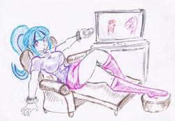 Size: 2863x1979 | Tagged: safe, artist:elgatosabio, sonata dusk, human, equestria girls, g4, armchair, big breasts, breasts, busty sonata dusk, chair, female, high res, partial color, remote, sitting, solo, television, traditional art