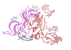 Size: 724x508 | Tagged: safe, artist:redpalette, oc, oc only, oc:red palette, oc:violet ray, earth pony, pony, rat, unicorn, choker, clothes, cute, earth pony oc, horn, magic, pet, scarf, simple background, sketch, smiling, snuggling, unicorn oc, white background