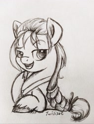 Size: 3077x4049 | Tagged: safe, artist:twiliset, sunny starscout, earth pony, pony, g5, spoiler:g5, confident, cute, looking at you, pencil drawing, simple background, smiling, smiling at you, teeth, traditional art