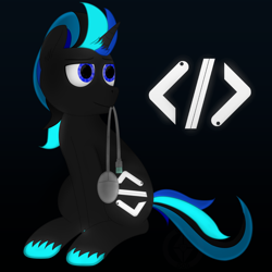Size: 2000x2000 | Tagged: safe, artist:mrkm, derpibooru exclusive, oc, oc only, oc:source code, pony, unicorn, black background, black fur, blue eyes, computer mouse, cutie mark, glowing, glowing cutie mark, glowing eyes, glowing hooves, glowing mane, glowing tail, high res, horn, male, mouth hold, rule 63, simple background, sitting, stallion, tail