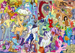 Size: 4961x3508 | Tagged: safe, artist:jowyb, apple bloom, applejack, basil, derpy hooves, fluttershy, gummy, nightmare moon, opalescence, pinkie pie, princess celestia, rainbow dash, rarity, scootaloo, silver spoon, spike, sweetie belle, trixie, twilight sparkle, oc, dragon, human, parasprite, pony, g4, season 1, wimmelbilder