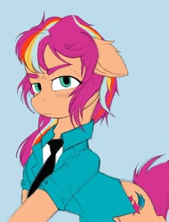 Size: 1550x2041 | Tagged: safe, artist:gonnabemyday, sunny starscout, earth pony, pony, g5, blue background, clothes, female, looking at you, mane stripe sunny, mare, necktie, simple background, solo