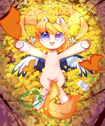 Size: 2500x3000 | Tagged: safe, artist:sakneko, oc, oc only, bird, pegasus, pony, rabbit, animal, autumn, blue eyes, cheek fluff, coat markings, colored eartips, colored hooves, ear fluff, female, forest, freckles, happy, high res, leaves, looking up, lying down, mare, on back, open mouth, pegasus oc, socks (coat markings), solo, spread arms, spread wings, underhoof, white rabbit, wings