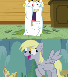 Size: 1920x2160 | Tagged: safe, edit, bulk biceps, derpy hooves, pegasus, pony, g4, on your marks, slice of life (episode), clubhouse, crusaders clubhouse, ear piercing, earring, female, hole, jewelry, male, mare, piercing, ship:derpybulk, shipping, shipping domino, smiling, stallion, straight