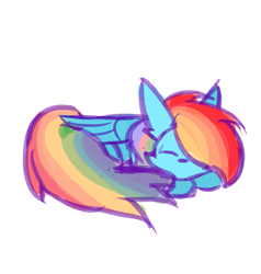 Size: 4763x5000 | Tagged: safe, artist:toxinagraphica, rainbow dash, pegasus, pony, g4, absurd resolution, cheek fluff, colored sketch, cute, ear fluff, female, fluffy, mare, multicolored hair, rainbow hair, simple background, sketch, sleeping, solo, white background, wings