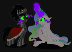 Size: 2893x2072 | Tagged: safe, artist:pinkythepony, king sombra, princess celestia, alicorn, pony, unicorn, g4, black background, clothes, corrupted, corrupted celestia, dark magic, duo, evil, female, glowing, glowing eyes, high res, implied shipping, magic, male, mind control, possessed, possession, shoes, simple background, sombra eyes, sombrafied