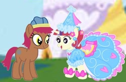 Size: 720x466 | Tagged: safe, artist:darlycatmake, moondancer, oc, oc:cecilia lobbos, earth pony, pony, unicorn, g4, beanie, canon x oc, clothes, dress, dressup, female, froufrou glittery lacy outfit, happy, hat, having fun, hennin, knight, knight rescues the princess, lesbian, looking at each other, looking at someone, love, playful, playing, princess, romance, romantic, shipping, shipping fuel, smiling, smiling at each other, when she smiles