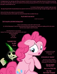 Size: 1042x1358 | Tagged: safe, artist:dendoctor, pinkie pie, earth pony, pony, comic:clone.., g4, alternate universe, black background, clone, comic, female, glowing, glowing horn, grim reaper, horn, magic, paper, pinkie clone, simple background, telekinesis, text